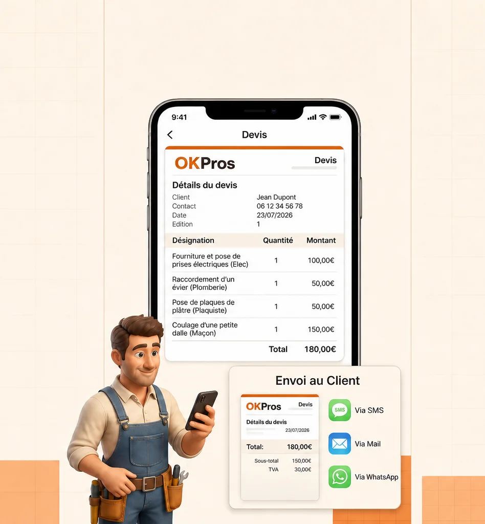 Artisan sur un chantier générant un devis structuré sur mobile avec OKPros, envoyé au client par SMS, mail ou WhatsApp